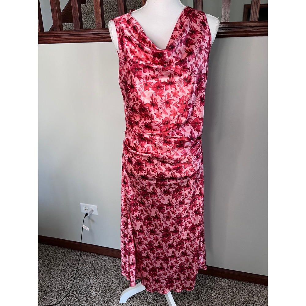 Bebe Pink Red Floral Cowl Neck Ruched Midi Sheath Dress Sleeveless Large